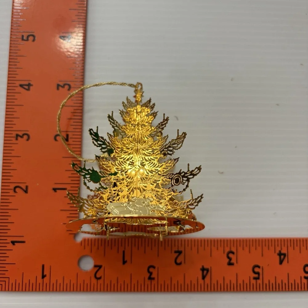 Vintage Gold Tone 3D Christmas Tree Ornament Folding Filigree &circle Ornaments